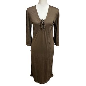 Letarte Jersey Braid Long Tunic Dress Lace Up Side Slits Taupe‎ Size Large NWT